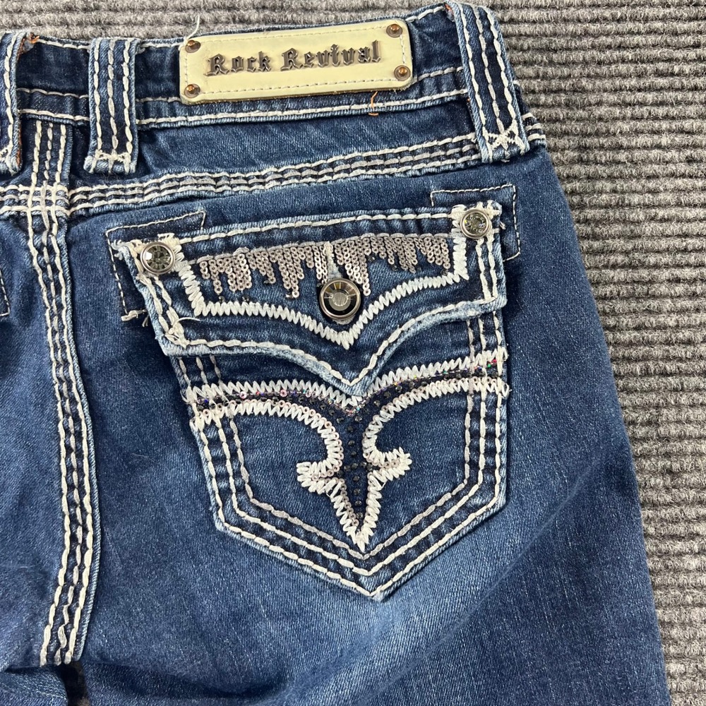 Rock Revival Womens Bootcut Jeans Dark Wash Sequin Flap Pocket Size 28 34 Inseam